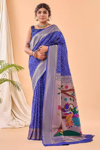navy blue silk blend weaving saree with paithani pallu