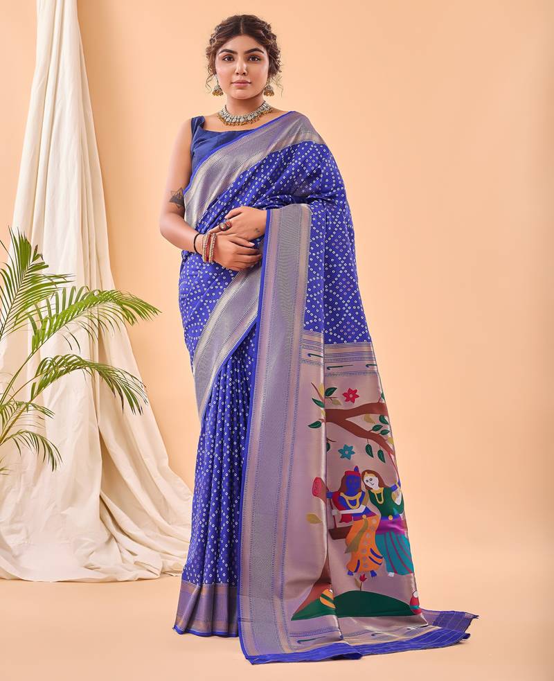 Navy blue bandhani weaving saree with paithani pallu