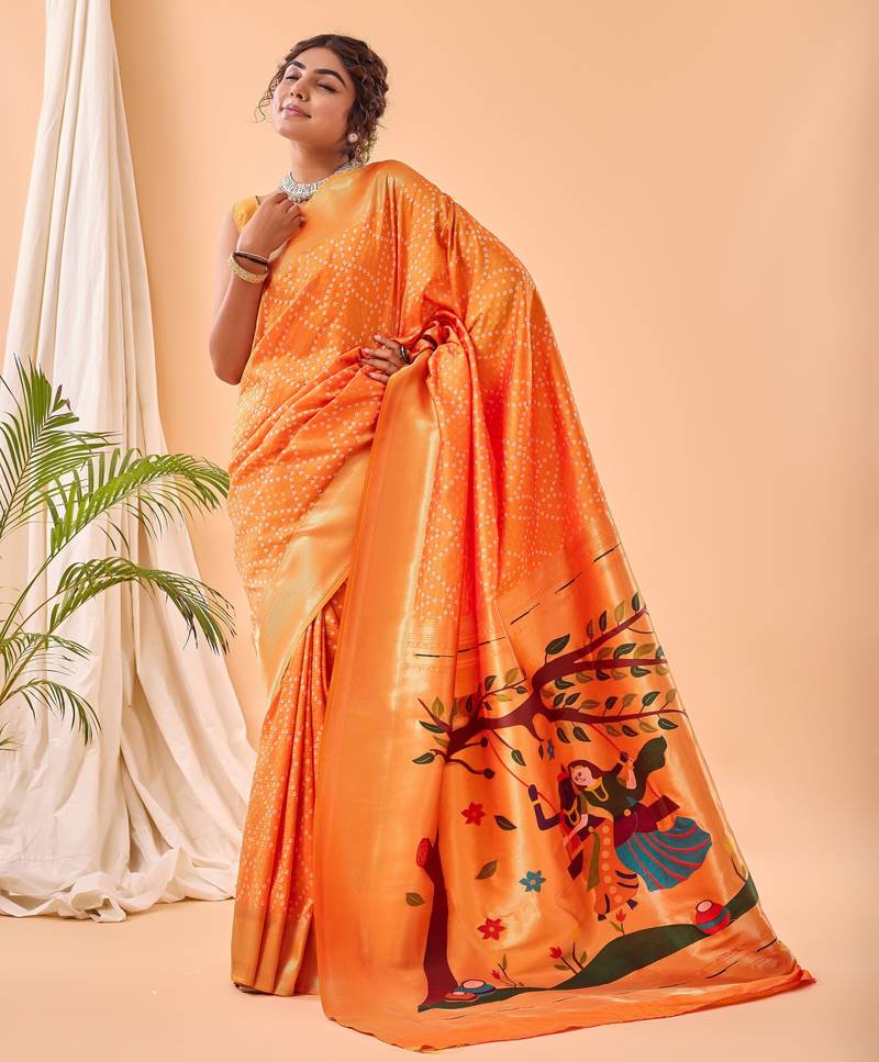 Orang bandhani weaving saree with paithani pallu