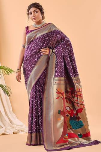 Purple bandhani weaving saree with heavy pallu