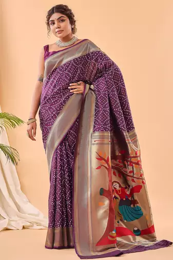 Purple bandhani weaving saree with heavy pallu