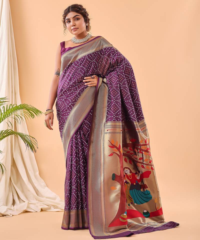 Purple bandhani weaving saree with heavy pallu