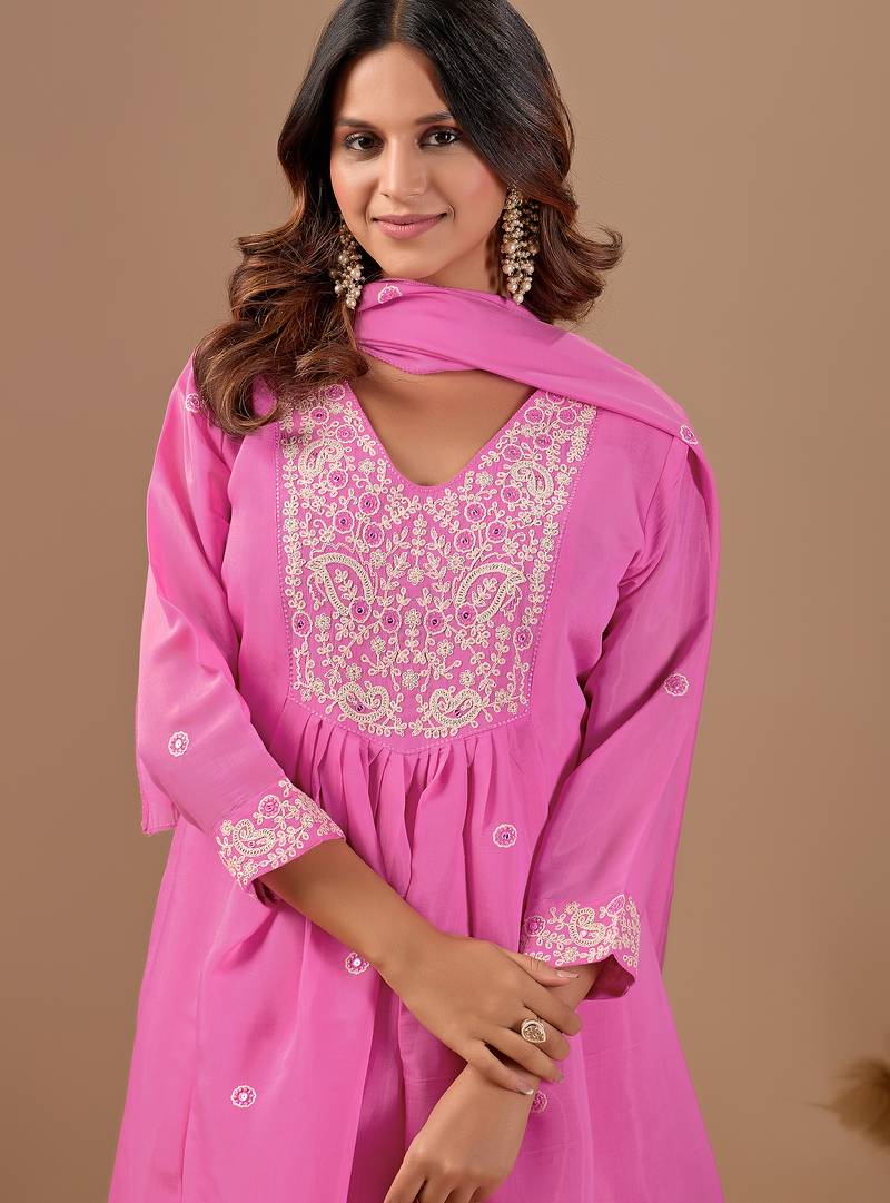 Pink mul chanderi embroidered anarkali kurta set with dupatta for women