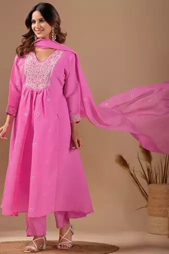 Pink mul chanderi embroidered anarkali kurta set with dupatta for women