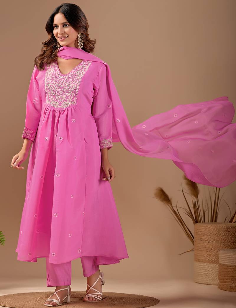 Pink mul chanderi embroidered anarkali kurta set with dupatta for women