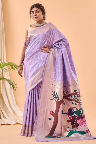Lavender bandhani weaving saree with heavy pallu