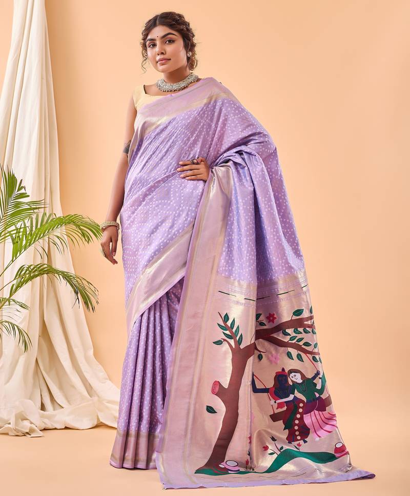 Lavender bandhani weaving saree with heavy pallu