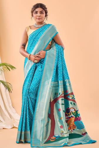 blue weaving saree with silk blend pallu