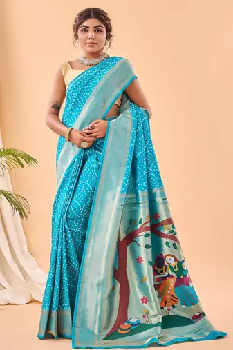 blue weaving saree with silk blend pallu