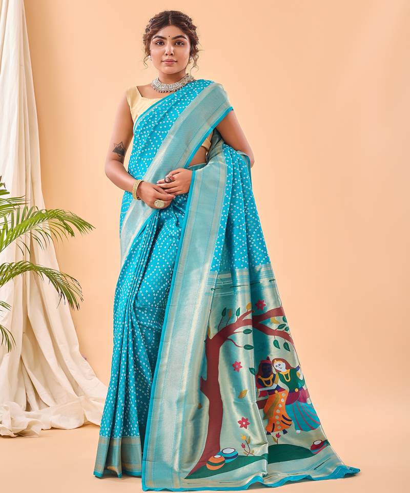 Blue bandhani weaving saree with paithani pallu