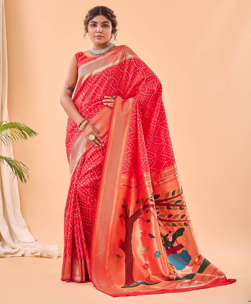 Red bandhani weaving saree with paithani pallu
