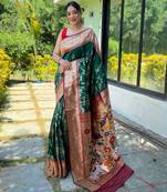 Women's green woven silk blend saree with blouse piece