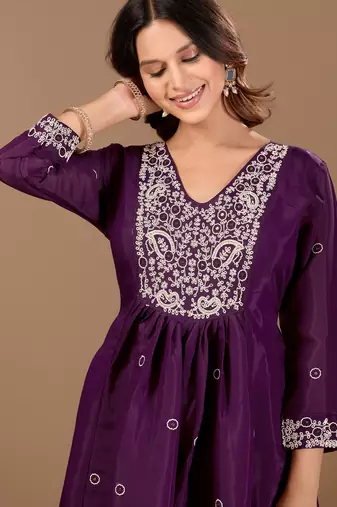 Wine mul chanderi embroidered anarkali kurta set with dupatta for women