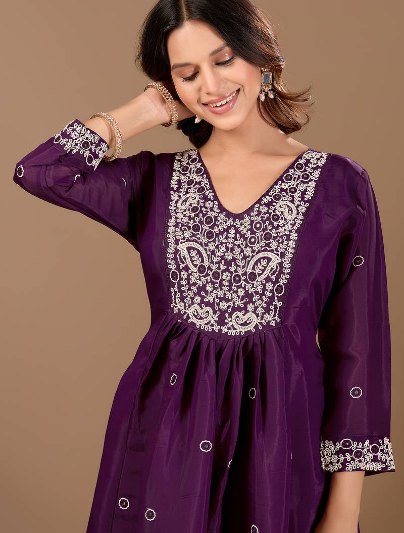 Wine mul chanderi embroidered anarkali kurta set with dupatta for women