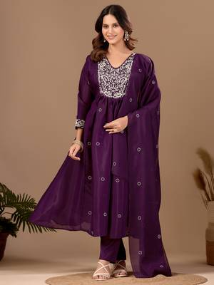 Wine mul chanderi embroidered anarkali kurta set with dupatta for women 3