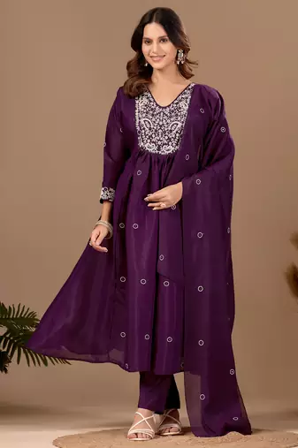 Wine mul chanderi embroidered anarkali kurta set with dupatta for women