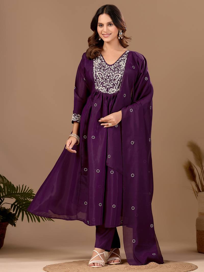 Wine mul chanderi embroidered anarkali kurta set with dupatta for women