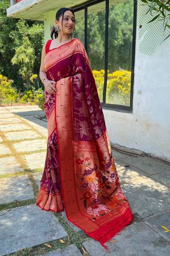 Women's wine woven silk blend saree with blouse piece