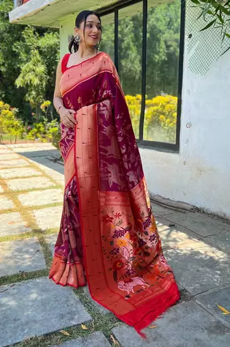 Women's wine woven silk blend saree with blouse piece