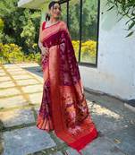 Women's wine woven silk blend saree with blouse piece