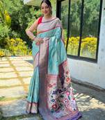 Women's sky blue woven silk blend saree with blouse piece