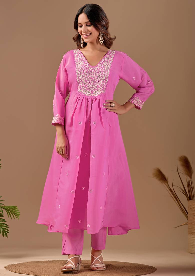 Pink mul chanderi embroidered anarkali kurta set with dupatta for women