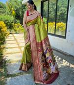 Women's lemon green woven paithani silk saree with blouse piece
