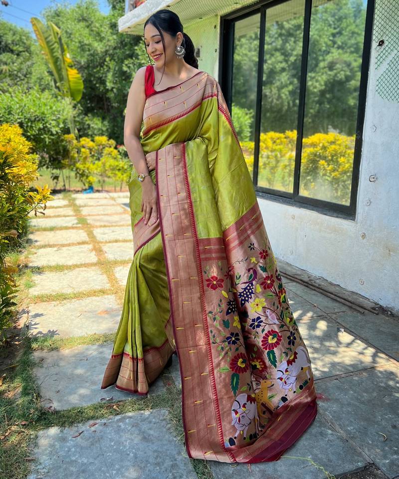 Women's lemon green woven paithani silk saree with blouse piece
