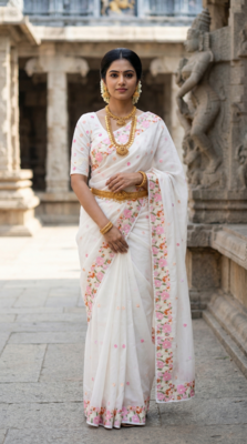 White embroidered chiffon saree set 1