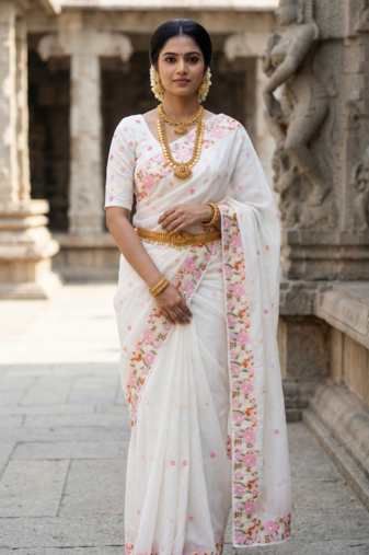 White embroidered chiffon saree set
