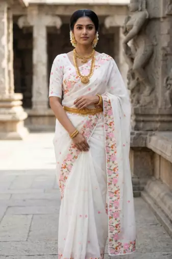 White embroidered chiffon saree set