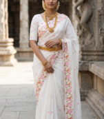 White embroidered chiffon saree set