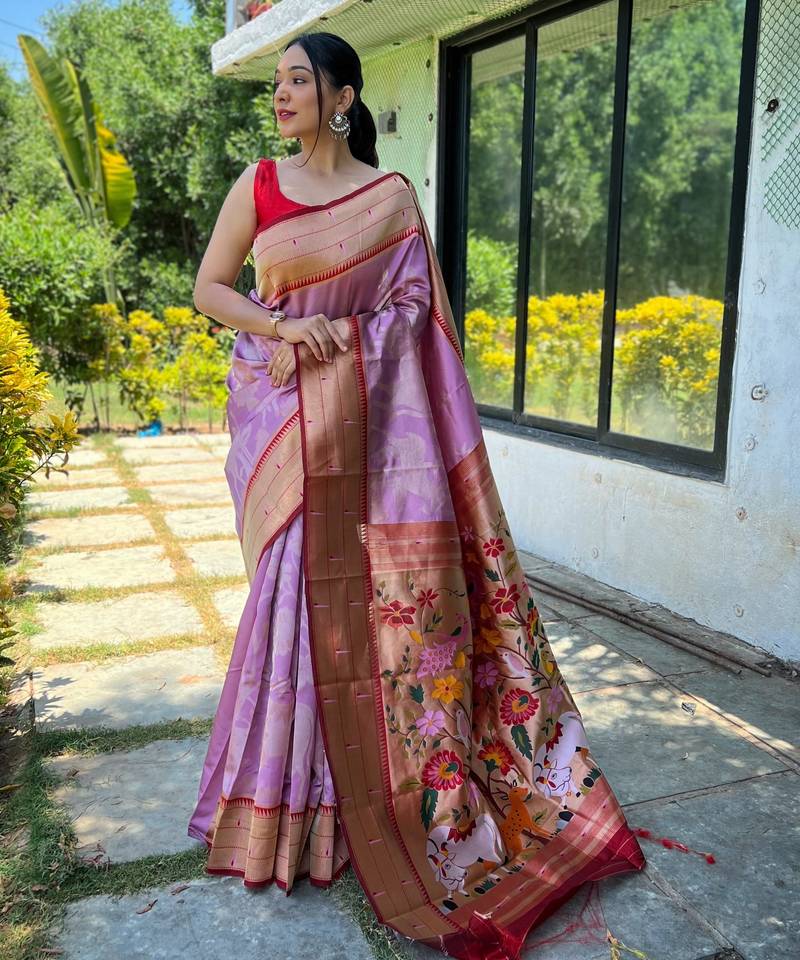 Women's lavender woven paithani silk saree with blouse piece