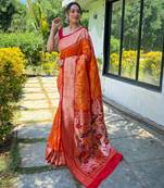 Women's orange woven silk blend saree with blouse piece