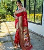 Women's red woven silk blend saree with blouse piece