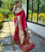 Women's pink woven paithani silk saree with blouse piece