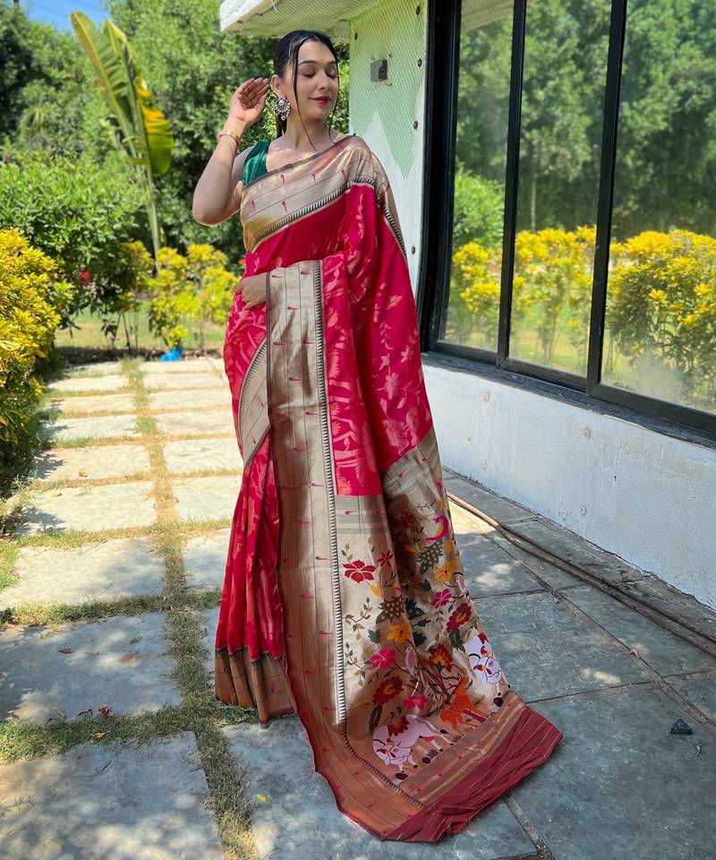 Women's pink woven paithani silk saree with blouse piece