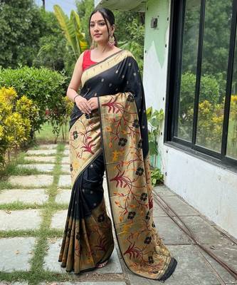 Black silk blend saree with meenakari motifs 1