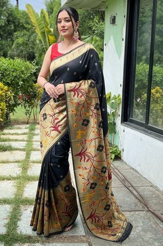 Black silk blend saree with meenakari motifs