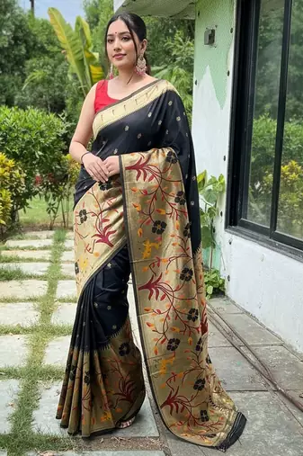 Black silk blend saree with meenakari motifs