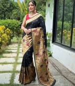 Black silk blend saree with meenakari motifs