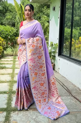 Lavender silk blend saree with meenakari motifs