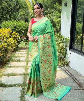 Lemon silk blend saree with meenakari motifs 1