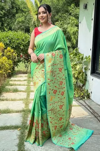 Lemon silk blend saree with meenakari motifs