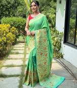 Lemon silk blend saree with meenakari motifs