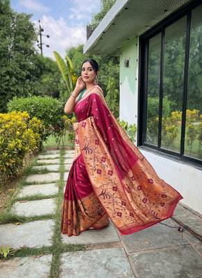 Maroon silk blend saree with meenakari motifs 1