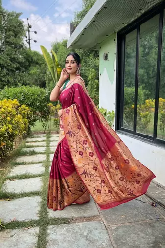 Maroon silk blend saree with meenakari motifs