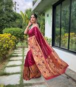 Maroon silk blend saree with meenakari motifs
