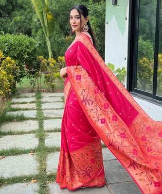 Pink silk blend saree with meenakari motifs 1