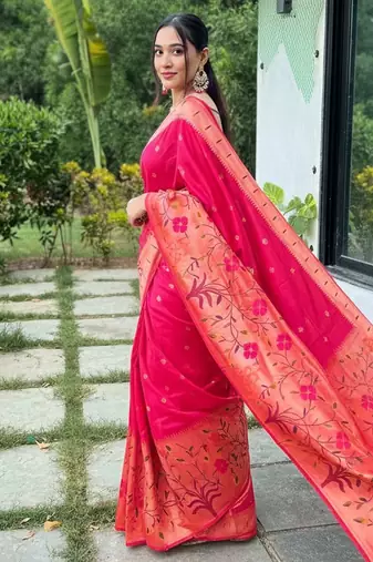 Pink silk blend saree with meenakari motifs